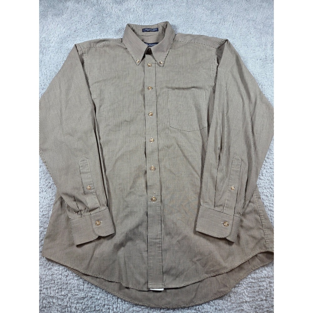 Hathaway Button Down Shirt 16.5 34 Tan Mens Micro Check Long Sleeve Tailored‎